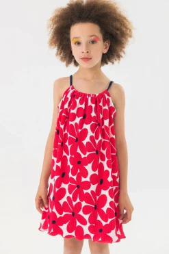 Abito in maglia per bambina con motivo floreale in rosso e bianco.