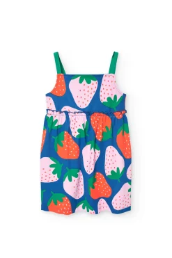 Abito in maglia per bambina con stampa di fragole in blu.