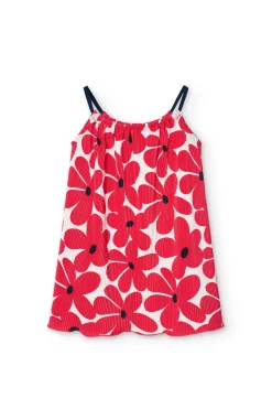 Abito in maglia per bambina con motivo floreale in rosso e bianco.