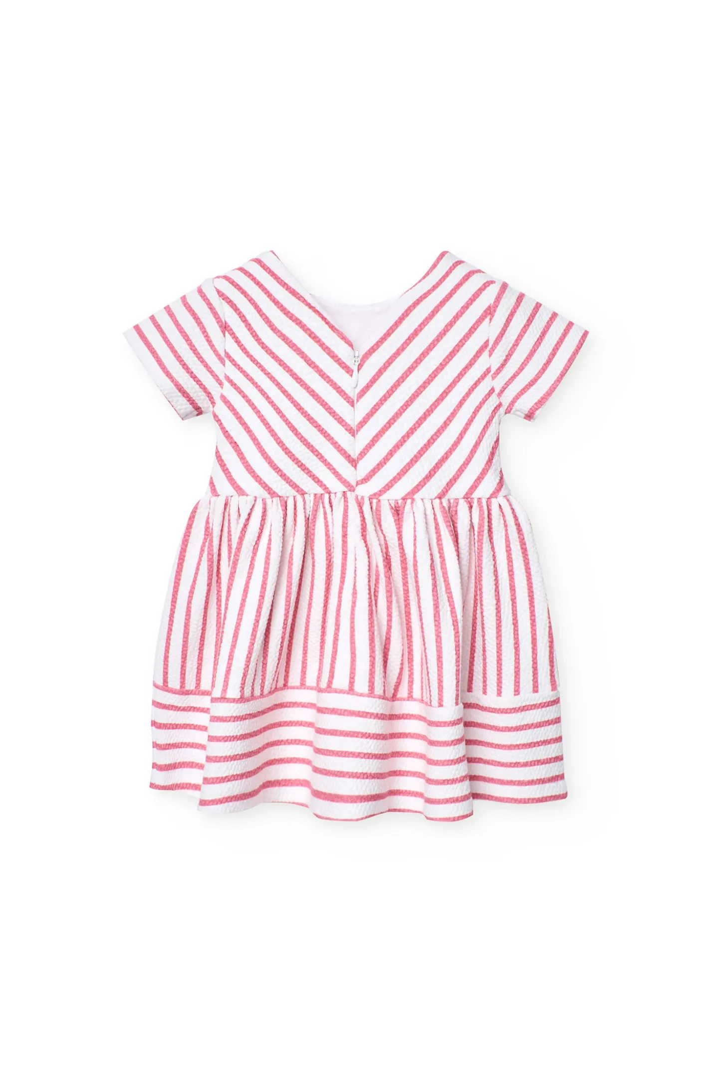 Abito in maglia per bambina con stampa a righe rosa e bianco