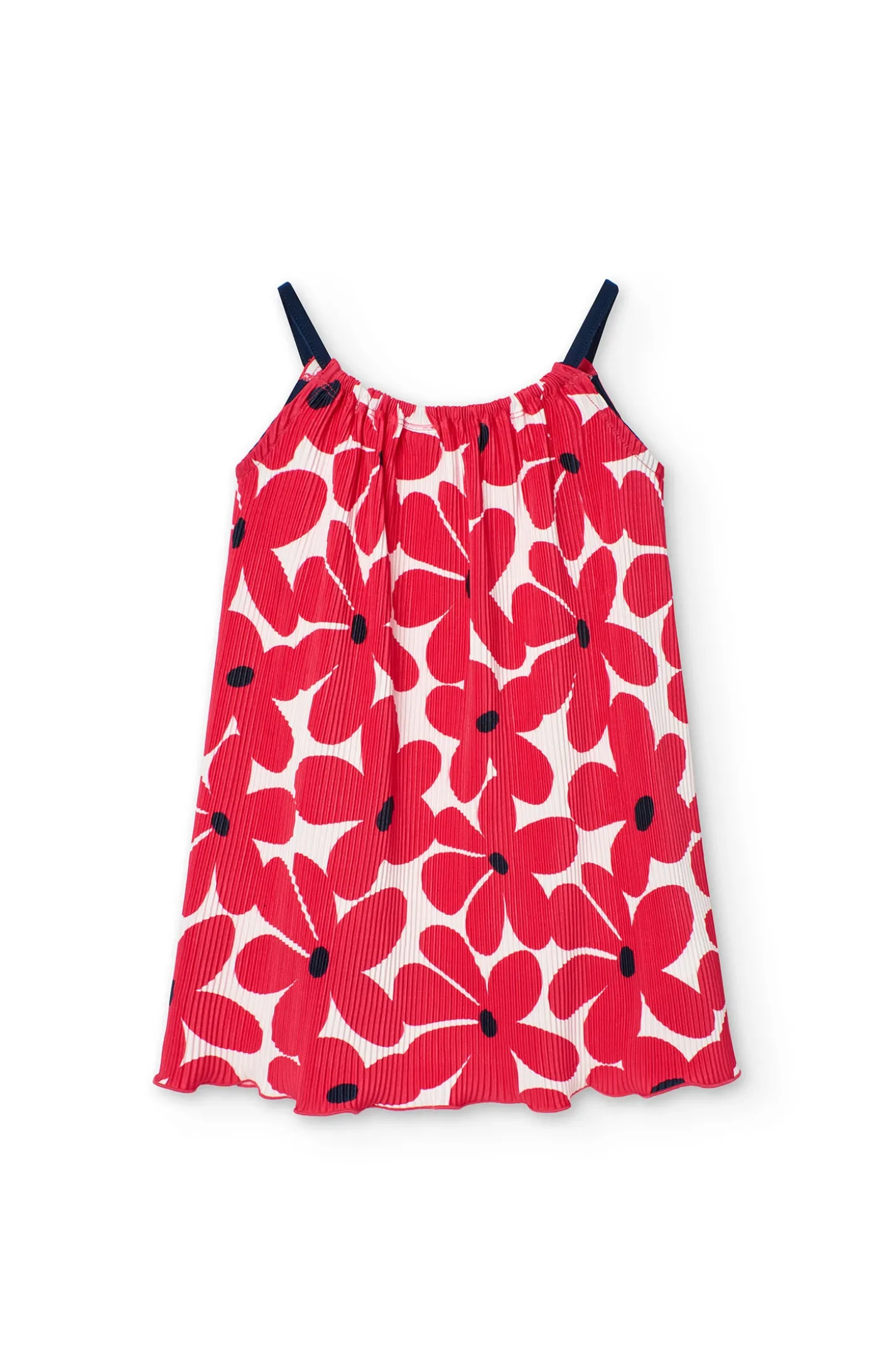Abito in maglia per bambina con motivo floreale in rosso e bianco.