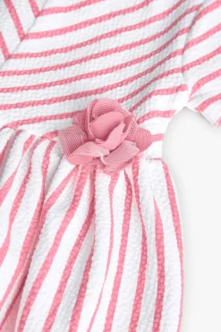 Abito in maglia per bambina con stampa a righe rosa e bianco
