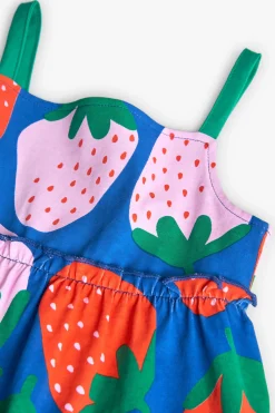 Abito in maglia per bambina con stampa di fragole in blu.