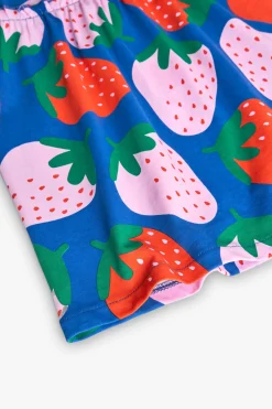 Abito in maglia per bambina con stampa di fragole in blu.