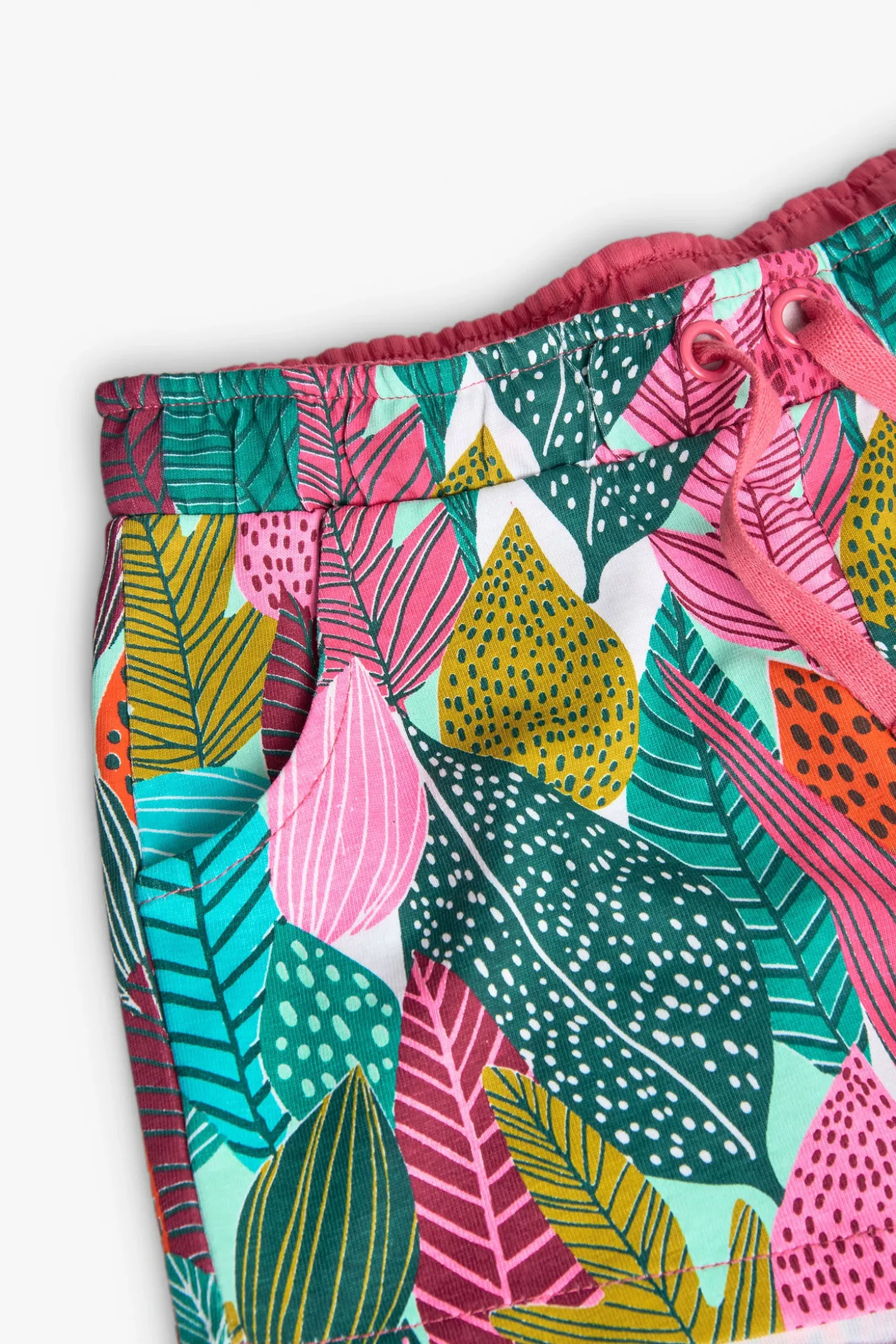 Bermuda a maglia per bambina con stampa di foglie in colore verde e rosa