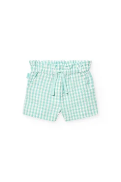 Bermuda in popeline per bambina verde con stampa a quadri.