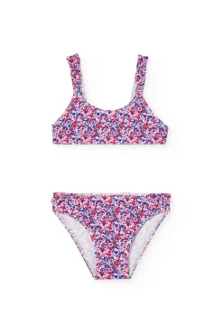 Bikini in poliammide per bambina con stampa floreale in rosso e blu