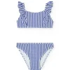 Bikini in poliammide per bambina a righe bianche e blu
