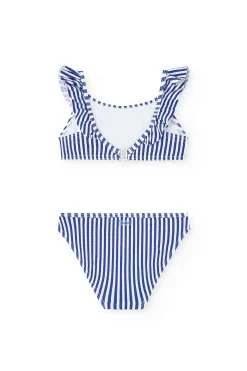 Bikini in poliammide per bambina a righe bianche e blu