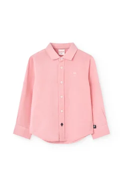 Camicia di lino per bambino a maniche lunghe di colore rosa.