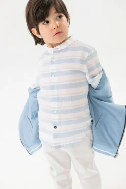 Camicia di lino per bambino a righe blu e bianche