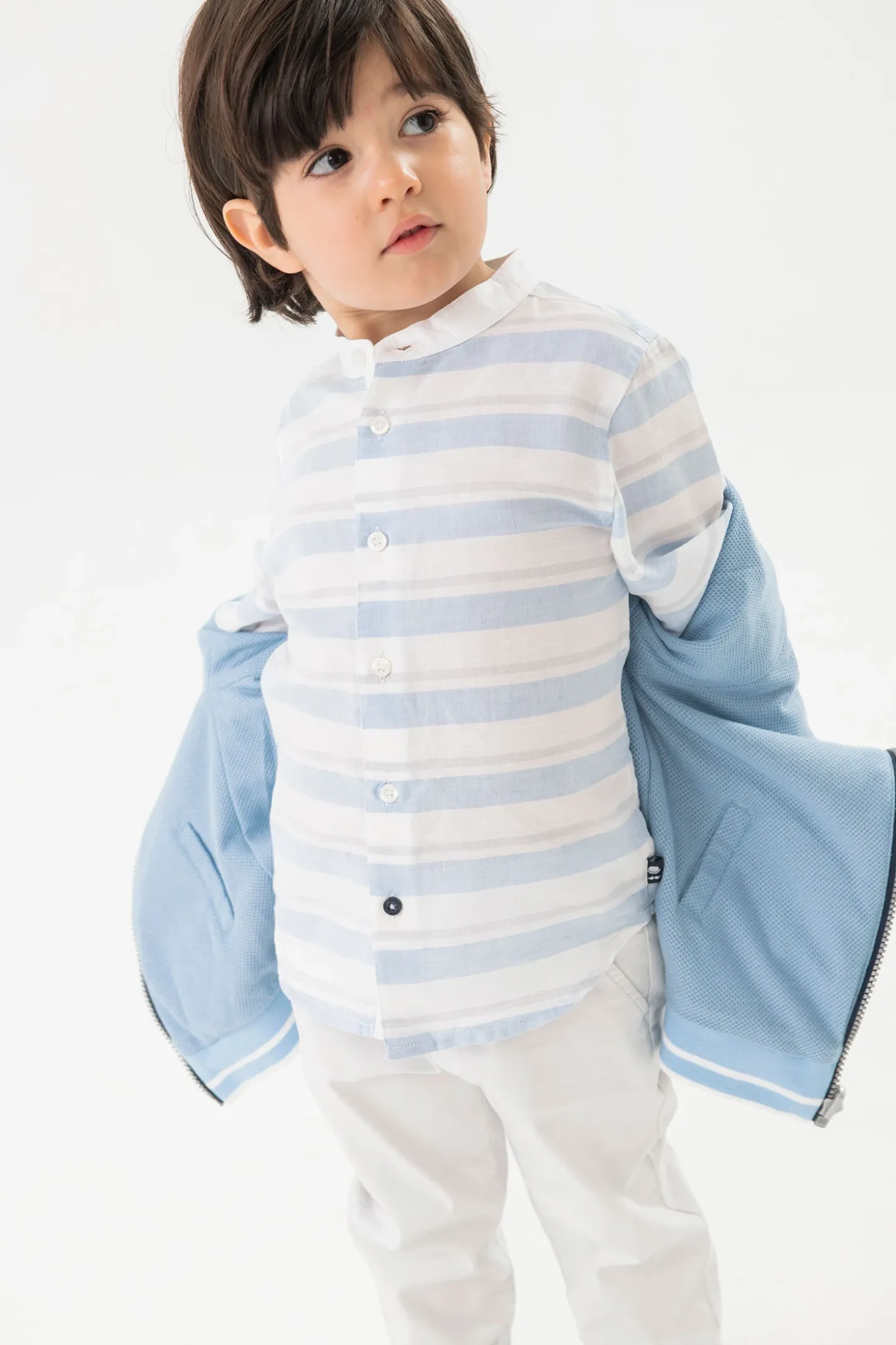 Camicia di lino per bambino a righe blu e bianche