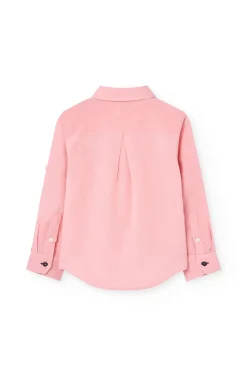 Camicia di lino per bambino a maniche lunghe di colore rosa.