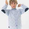 Camicia fil a fil per bambino con stampa in colore azzurro chiaro