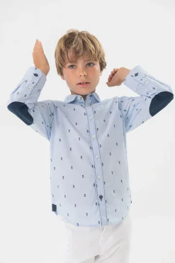 Camicia fil a fil per bambino con stampa in colore azzurro chiaro