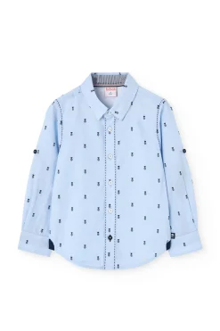 Camicia fil a fil per bambino con stampa in colore azzurro chiaro
