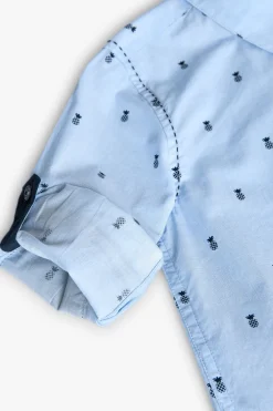 Camicia fil a fil per bambino con stampa in colore azzurro chiaro