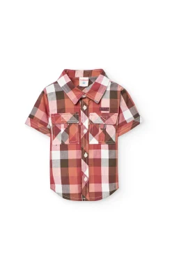 Camicia in popeline per bambino con quadri in tonalità calde.