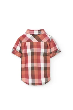 Camicia in popeline per bambino con quadri in tonalità calde.
