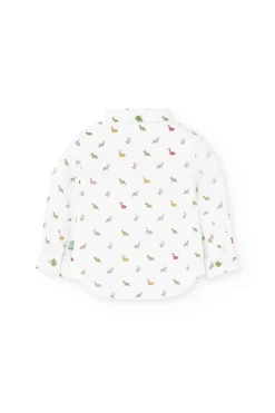 Camicia in popeline per bambini stampata in colore bianco con motivo di dinosauri