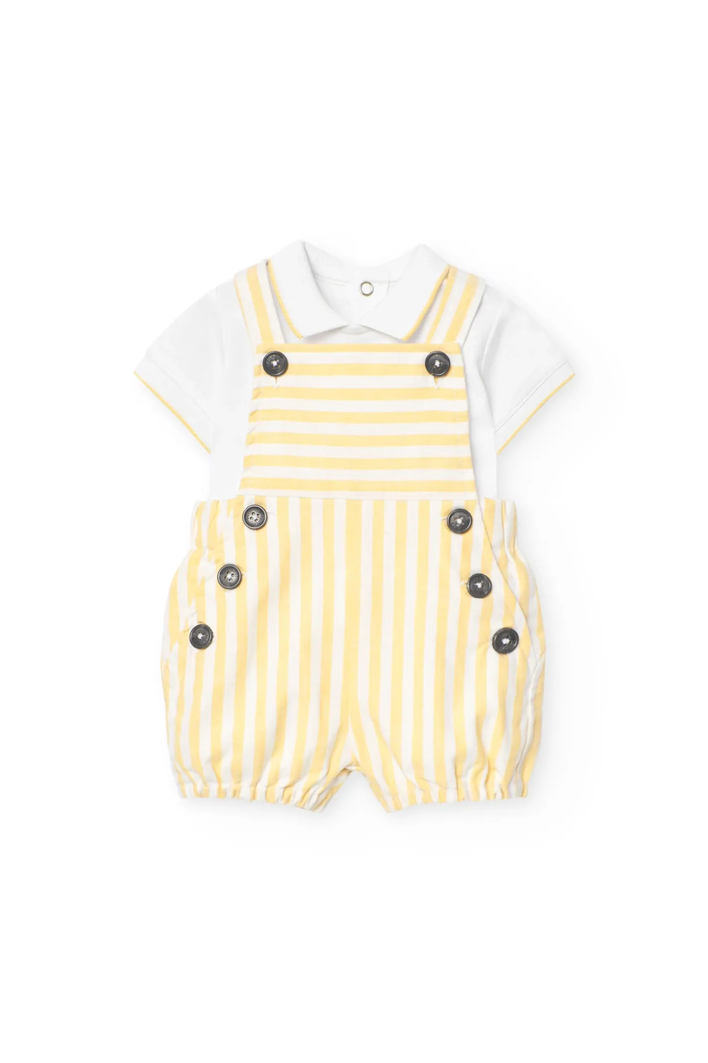 Completo a maglia per bambino nei colori giallo e bianco.