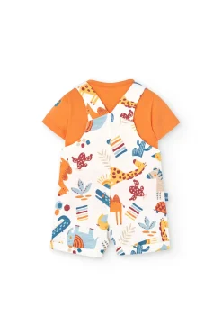 Completo composto da maglietta e salopette a maglia per neonato in colore arancione.