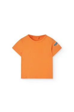 Completo composto da maglietta e salopette a maglia per neonato in colore arancione.