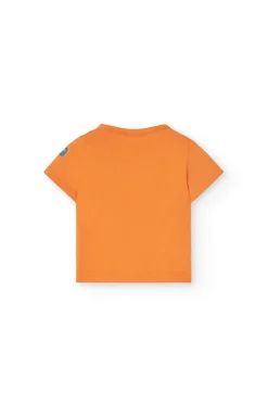 Completo composto da maglietta e salopette a maglia per neonato in colore arancione.