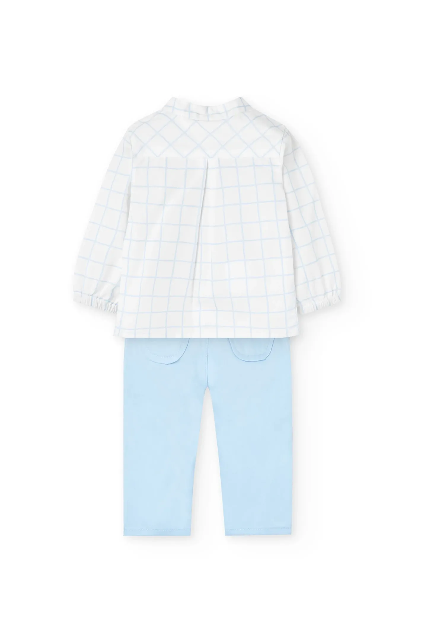 Completo di camicia a maglia per neonato di colore azzurro chiaro con motivo a quadri.