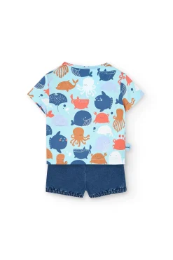 Completo di maglietta a maglia per neonato in colore blu con stampa