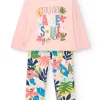 Completo di maglietta e leggings in maglia per bambina in rosa con stampa.
