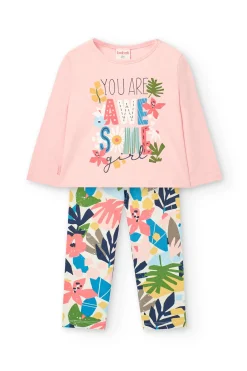 Completo di maglietta e leggings in maglia per bambina in rosa con stampa.