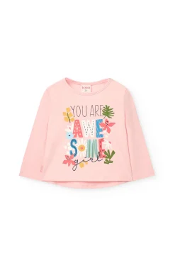 Completo di maglietta e leggings in maglia per bambina in rosa con stampa.