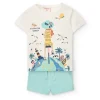 Completo di maglietta e pantaloncini a maglia per neonata di colore bianco.