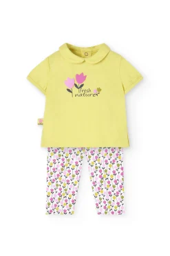 Completo di maglietta e pantalone a maglia per neonata in colore verde con stampa floreale.