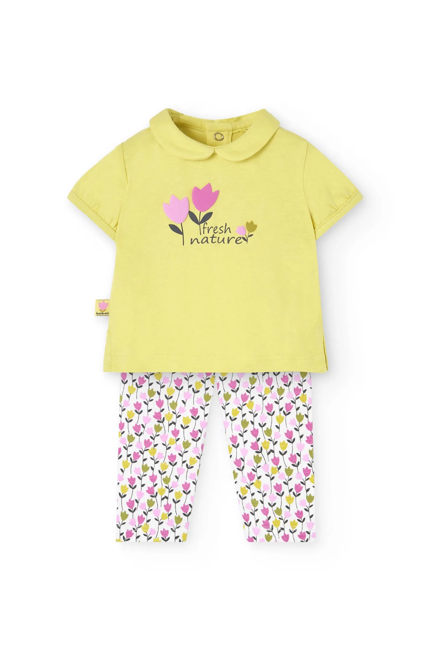 Completo di maglietta e pantalone a maglia per neonata in colore verde con stampa floreale.