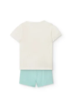 Completo di maglietta e pantaloncini a maglia per neonata di colore bianco.