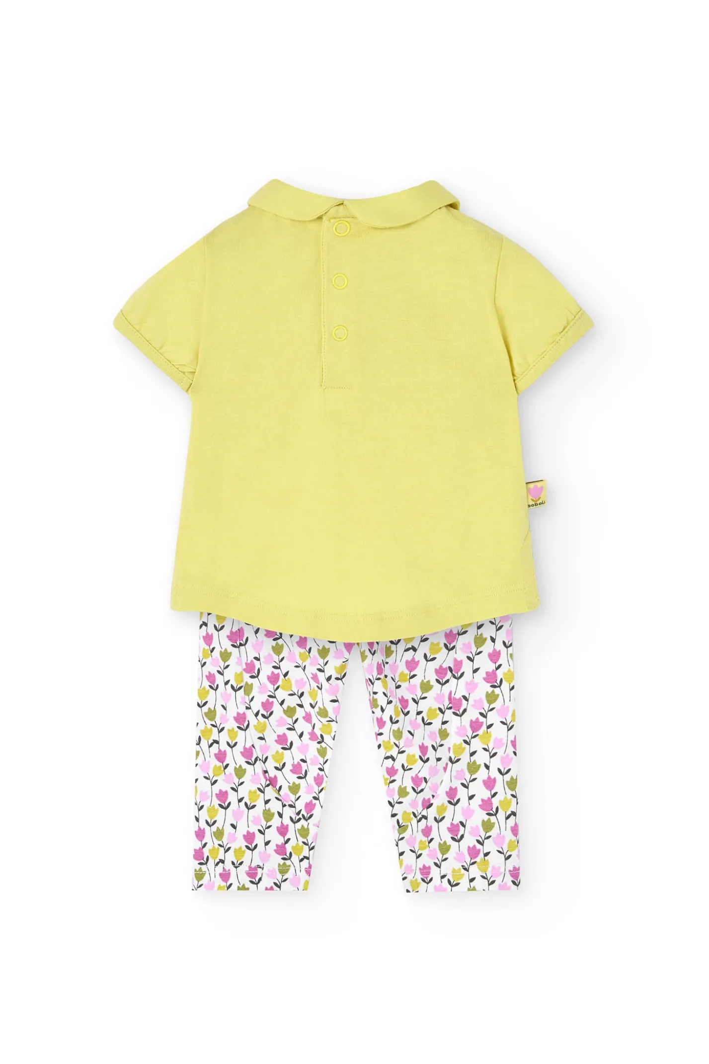 Completo di maglietta e pantalone a maglia per neonata in colore verde con stampa floreale.