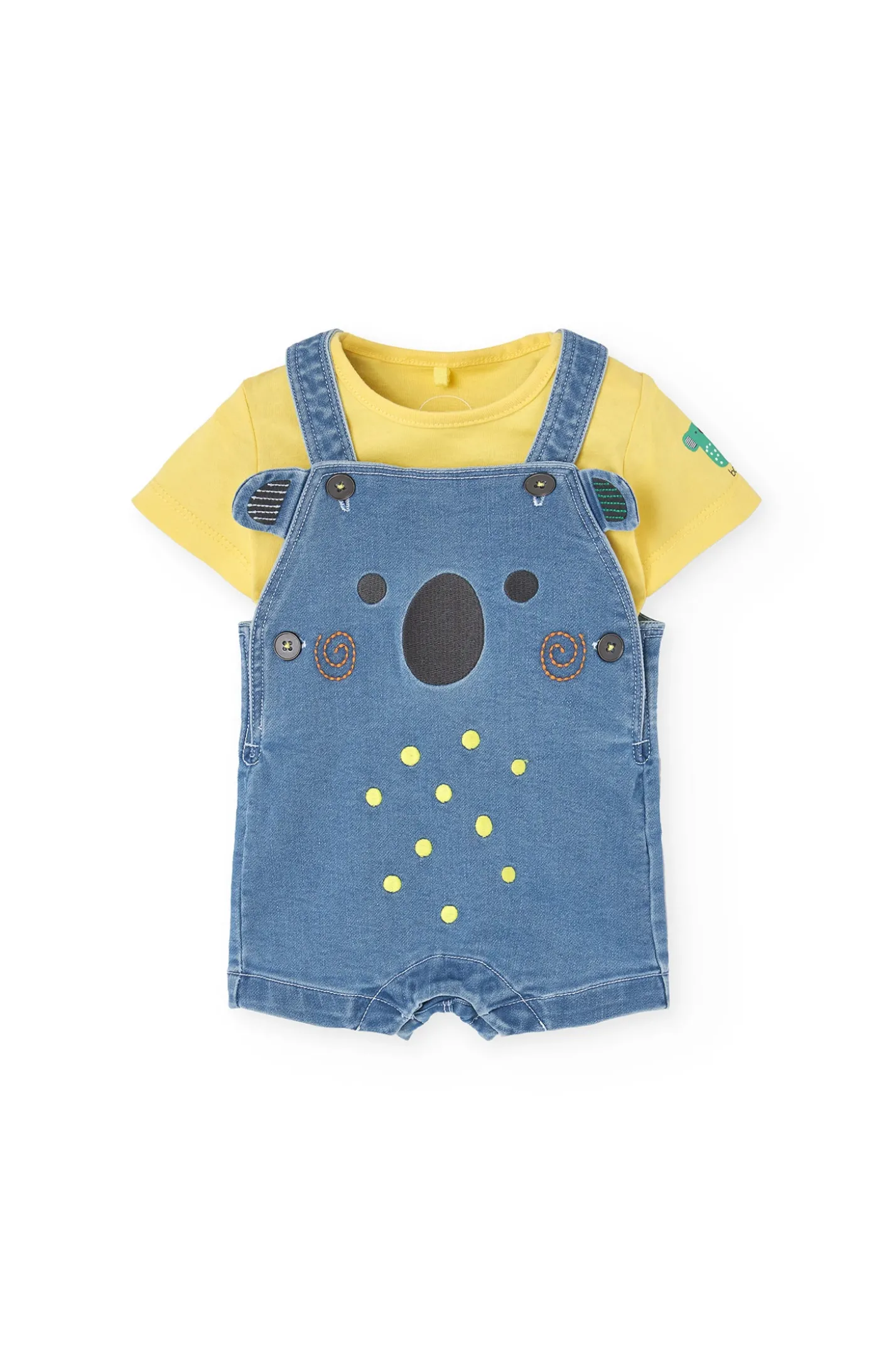 Completo di t-shirt in maglia per neonato di colore giallo.