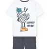 Completo in maglia con maglietta per bambino di colore bianco e bermuda di colore grigio.