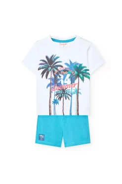 Completo in maglia per neonato di colore bianco con stampa e pantaloncini di colore blu.