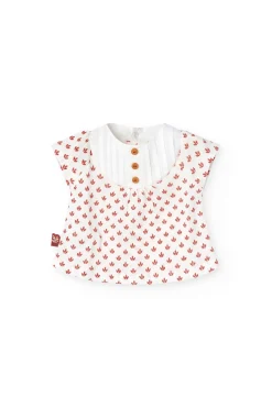 Completo in maglia per neonata con stampa floreale in rosso.