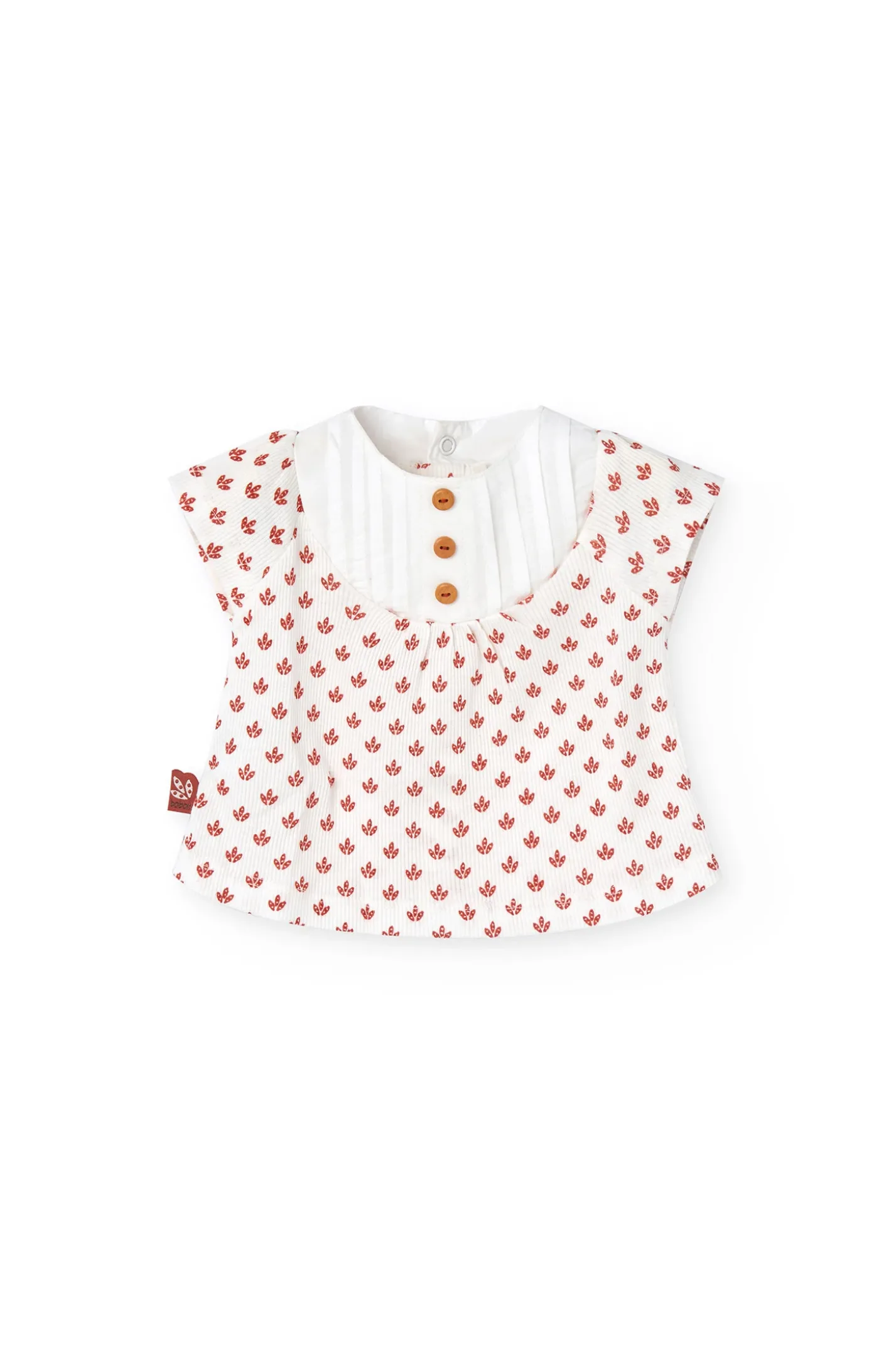 Completo in maglia per neonata con stampa floreale in rosso.