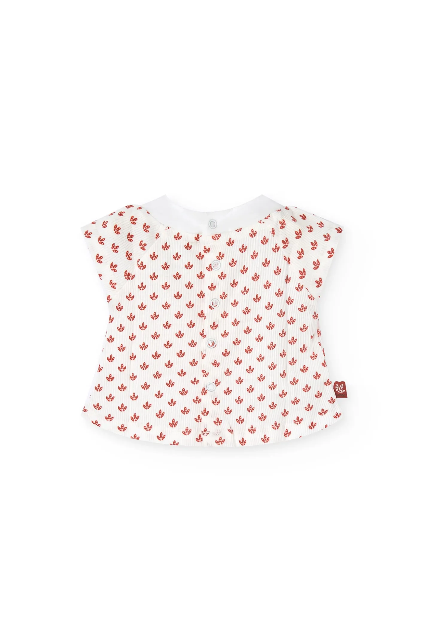 Completo in maglia per neonata con stampa floreale in rosso.
