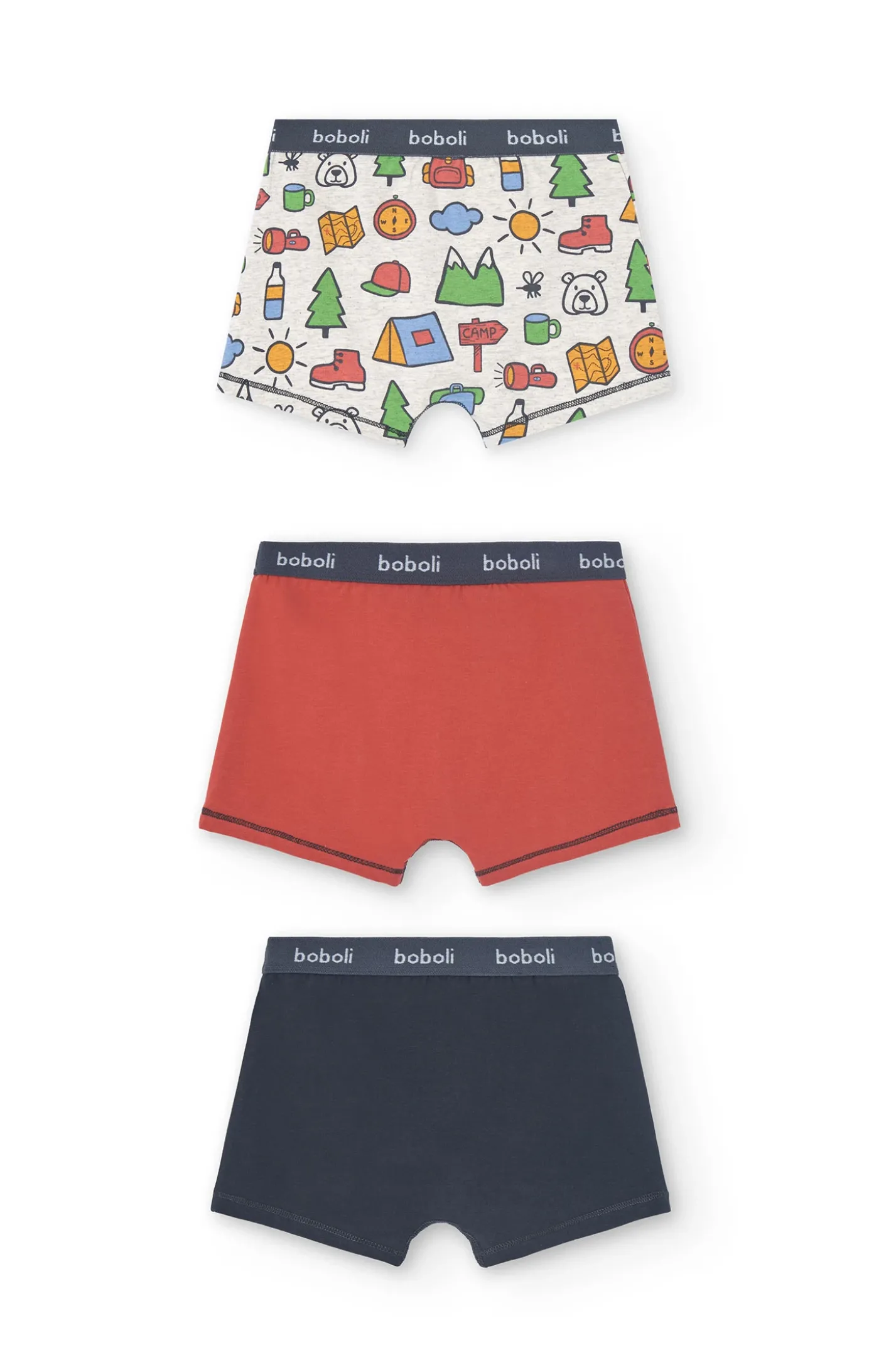 Confezione da 3 boxer in maglia per bambino con stampa in colore rosso, blu e altri colori.