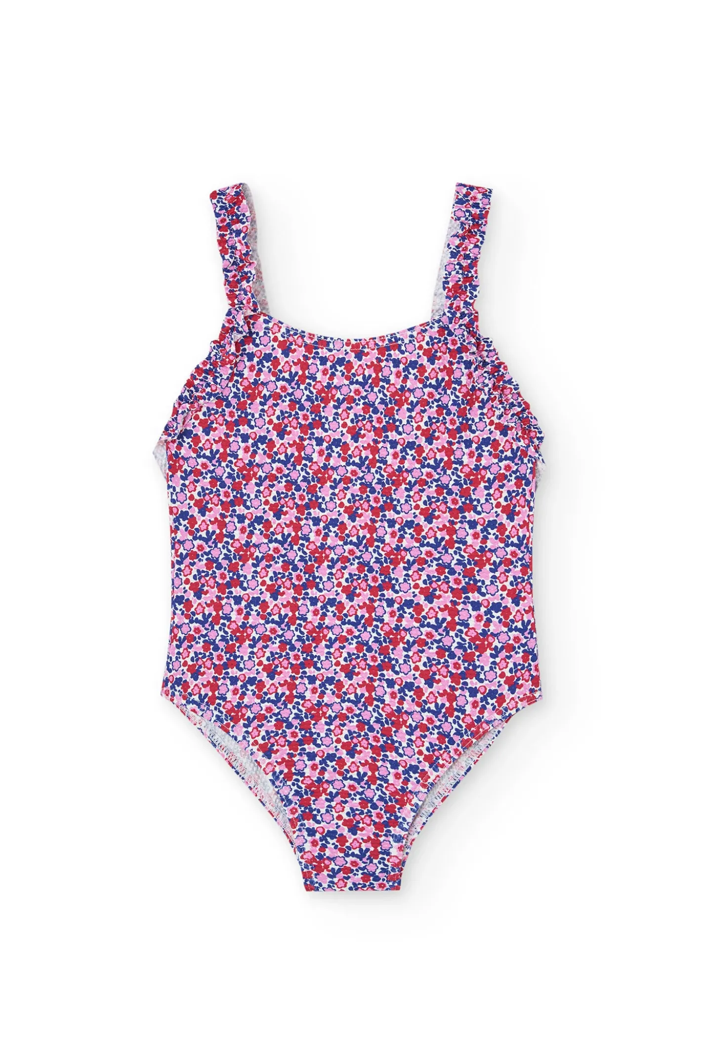 Costume da bagno in poliammide per bambina con stampa floreale in rosa e blu.
