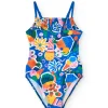 Costume da bagno in poliammide per bambina con stampa di frutta e fiori in colore blu.