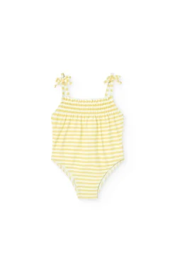 Costume da bagno in poliammide per bambina a righe gialle e bianche