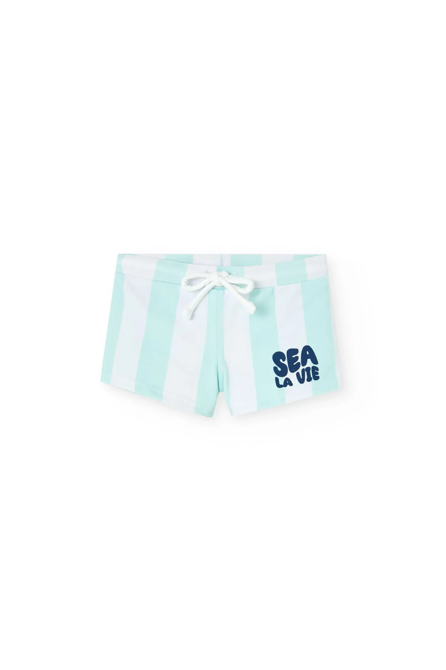 Costume da bagno in poliammide per bimbo con righe bianche e azzurro cielo.
