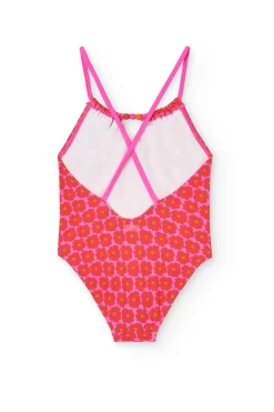 Costume da bagno in poliammide per bambina con stampa floreale in rosa.